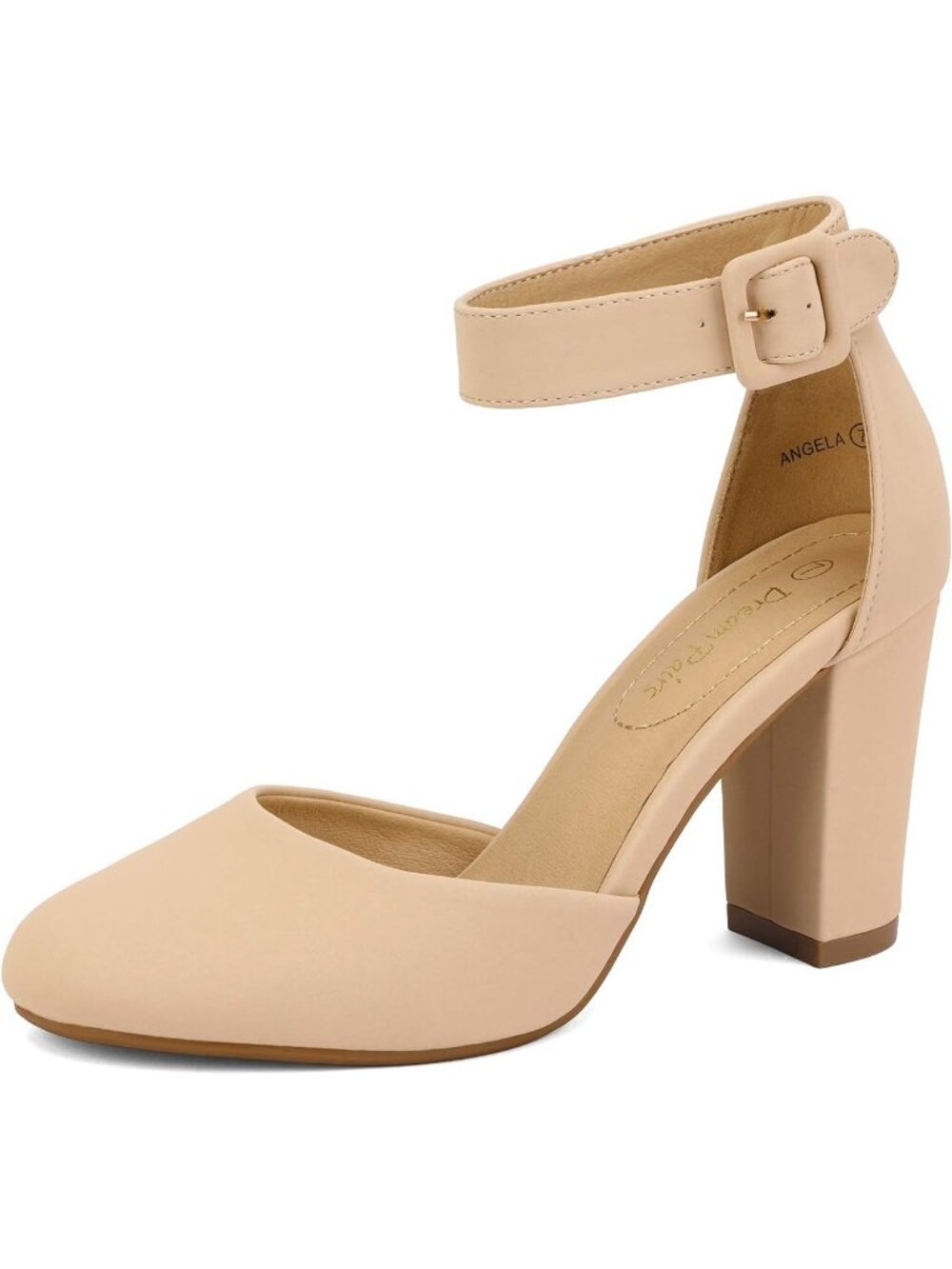 Women's Nude Leather High Heel Closed Toe Dress Shoes Chunky Wedding Pumps